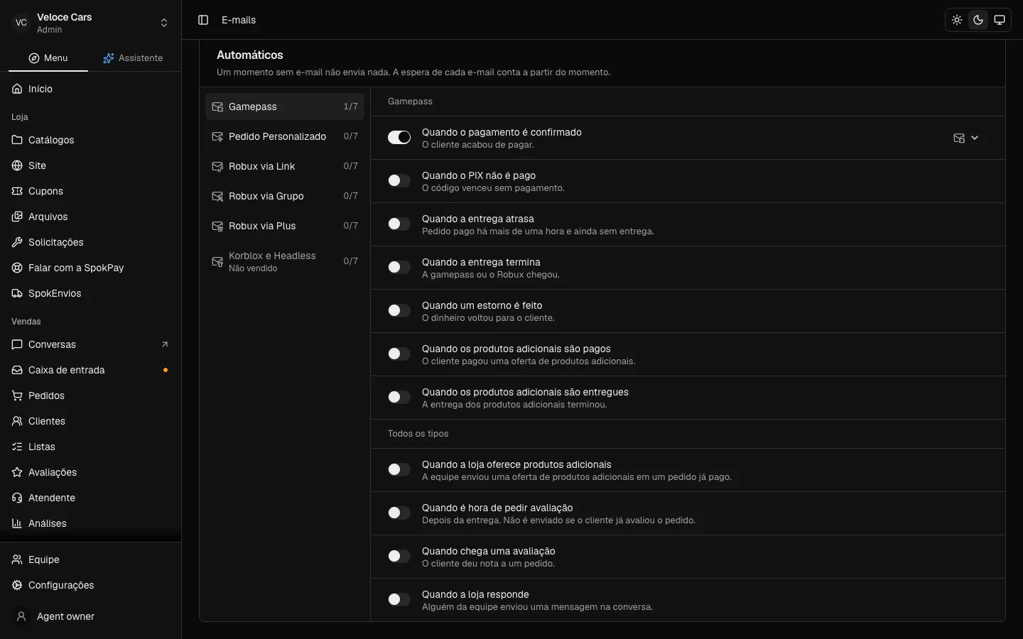 E-mails automáticos de cada momento do pedido