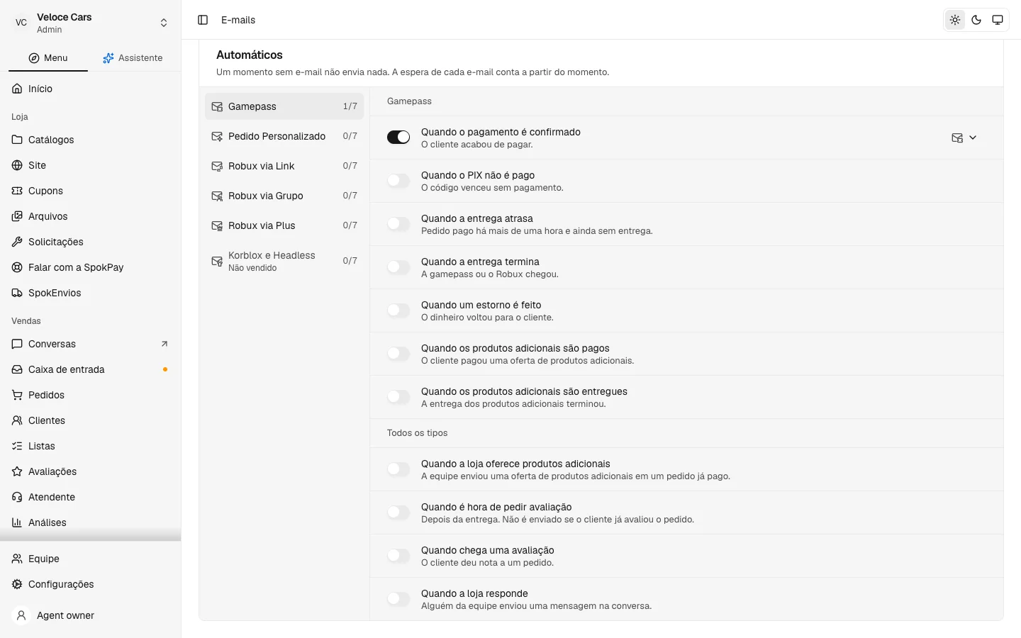E-mails automáticos de cada momento do pedido