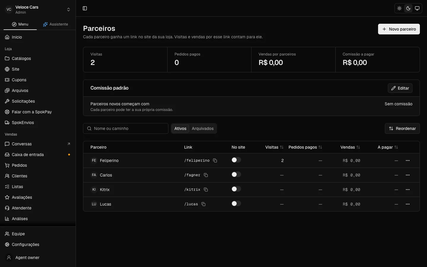 Parceiros da loja no dashboard da SpokPay
