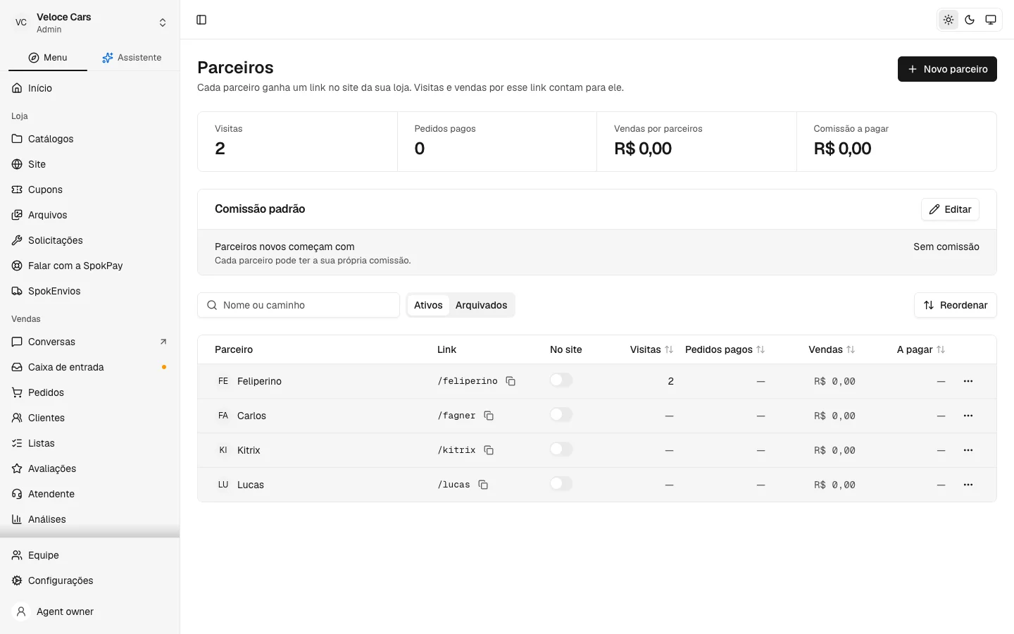 Parceiros da loja no dashboard da SpokPay