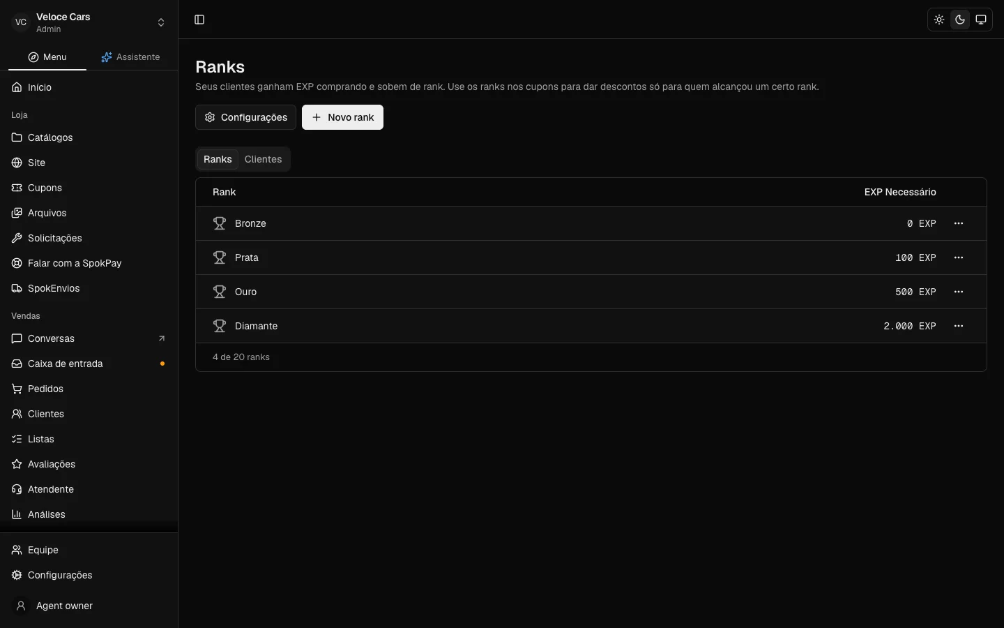Ranks da loja no dashboard da SpokPay
