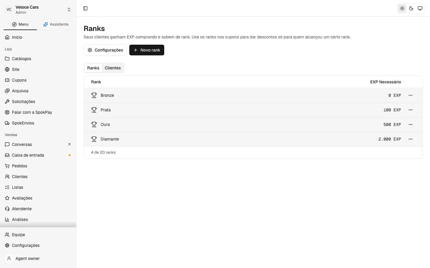 Ranks da loja no dashboard da SpokPay