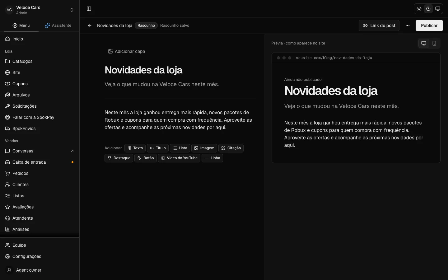 Editor de post do Blog com a prévia do site