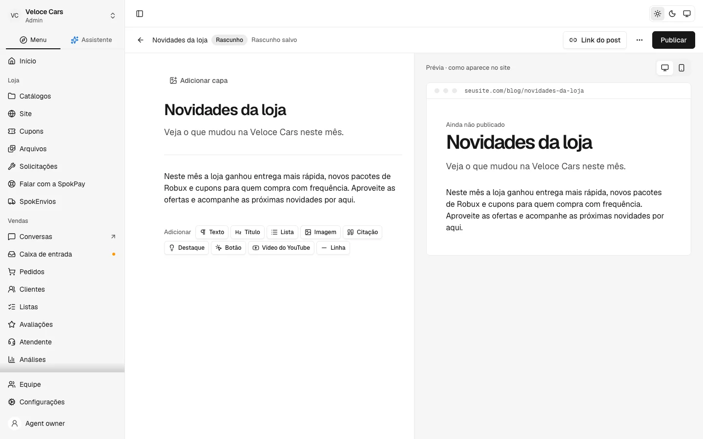 Editor de post do Blog com a prévia do site