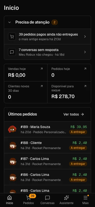 Dashboard da loja no celular com a barra de abas