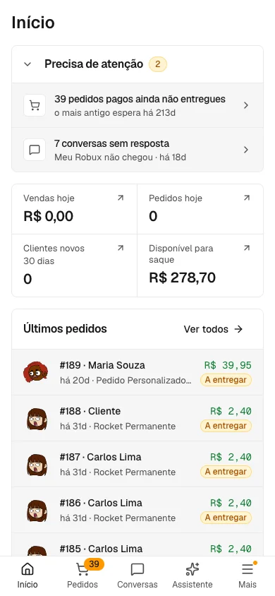 Dashboard da loja no celular com a barra de abas