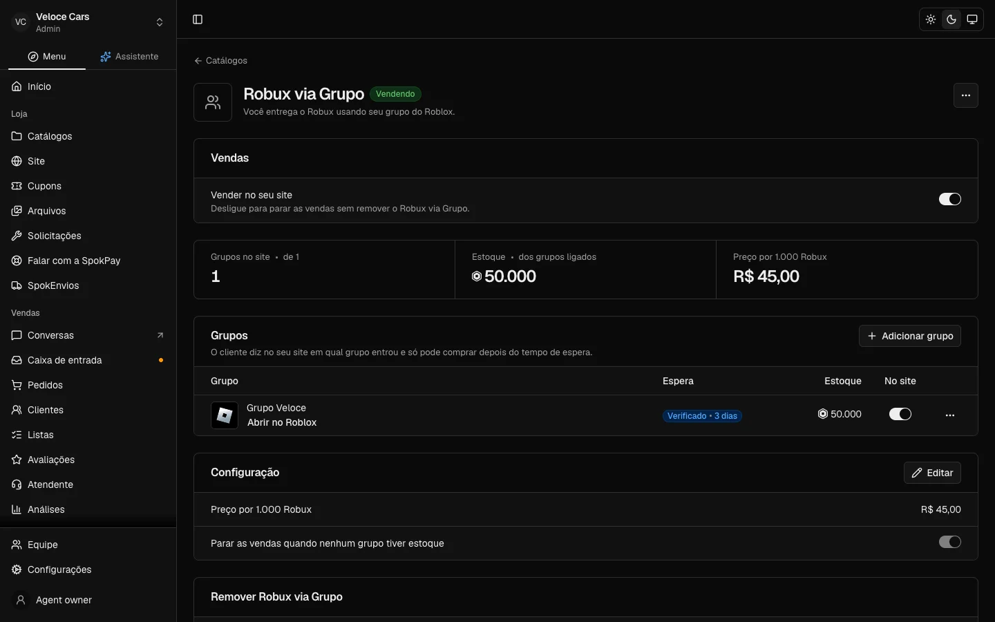 Grupo Roblox cadastrado no Robux via Grupo