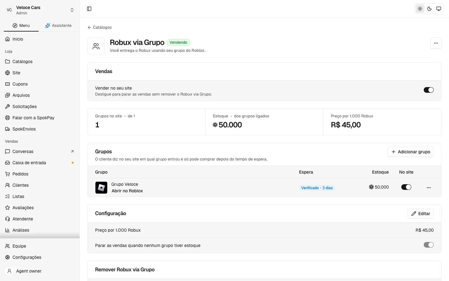 Grupo Roblox cadastrado no Robux via Grupo