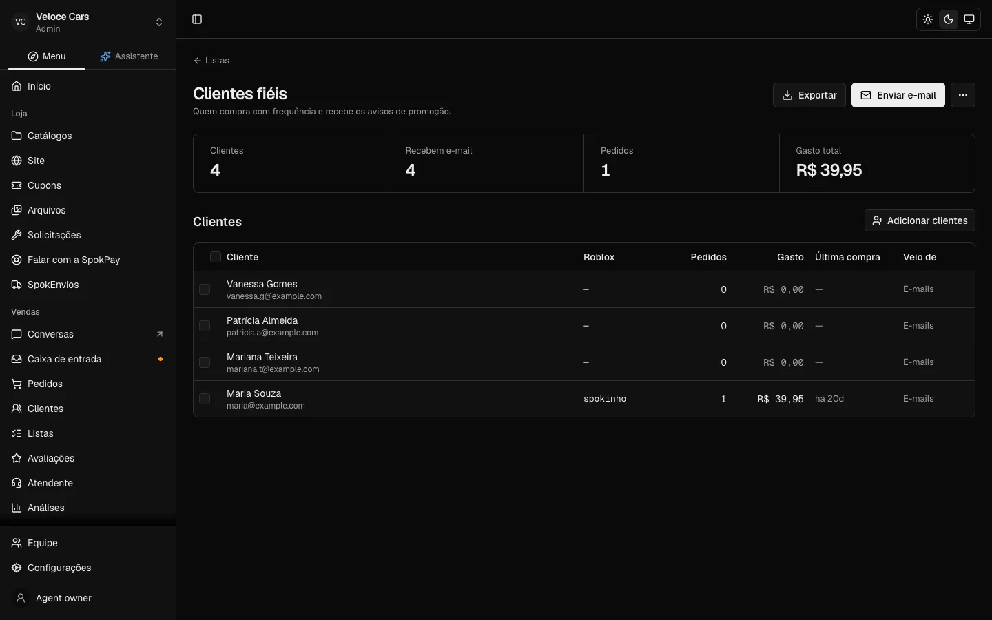 Lista de clientes no dashboard da SpokPay