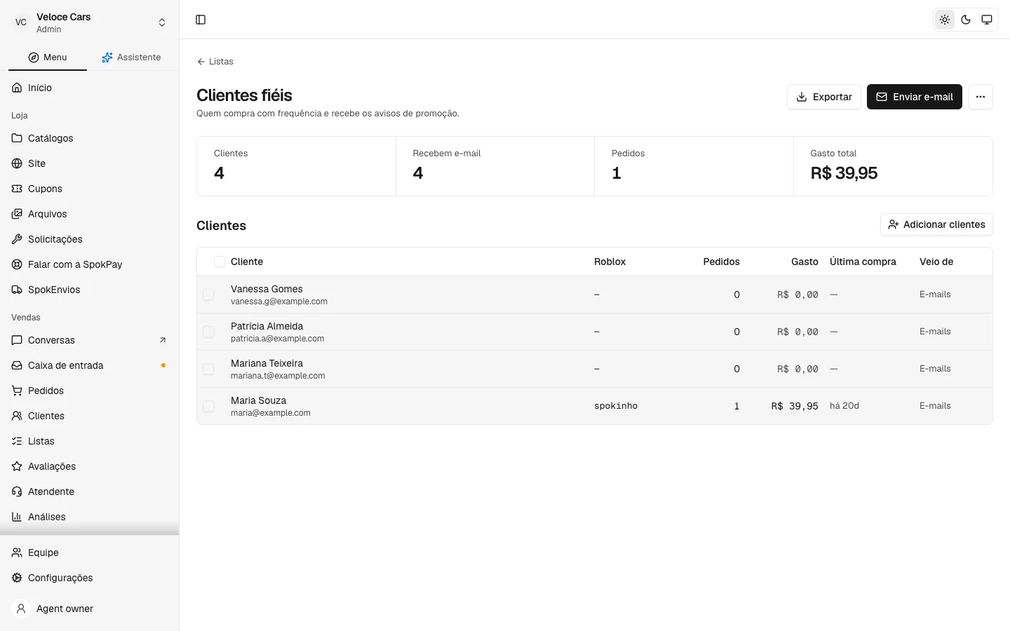 Lista de clientes no dashboard da SpokPay