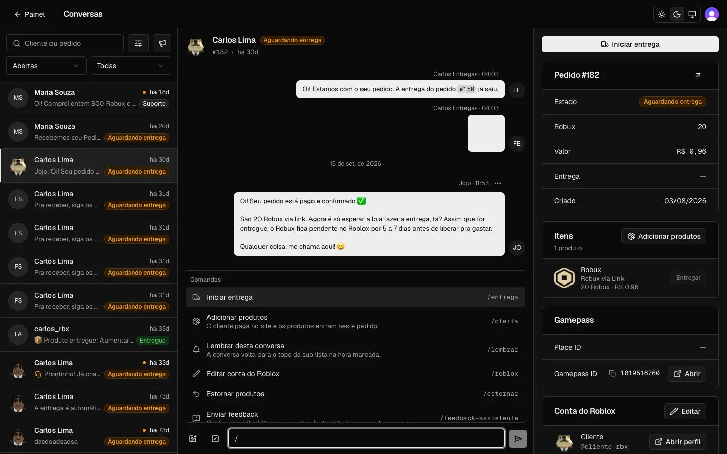 Comandos abertos no chat de um pedido