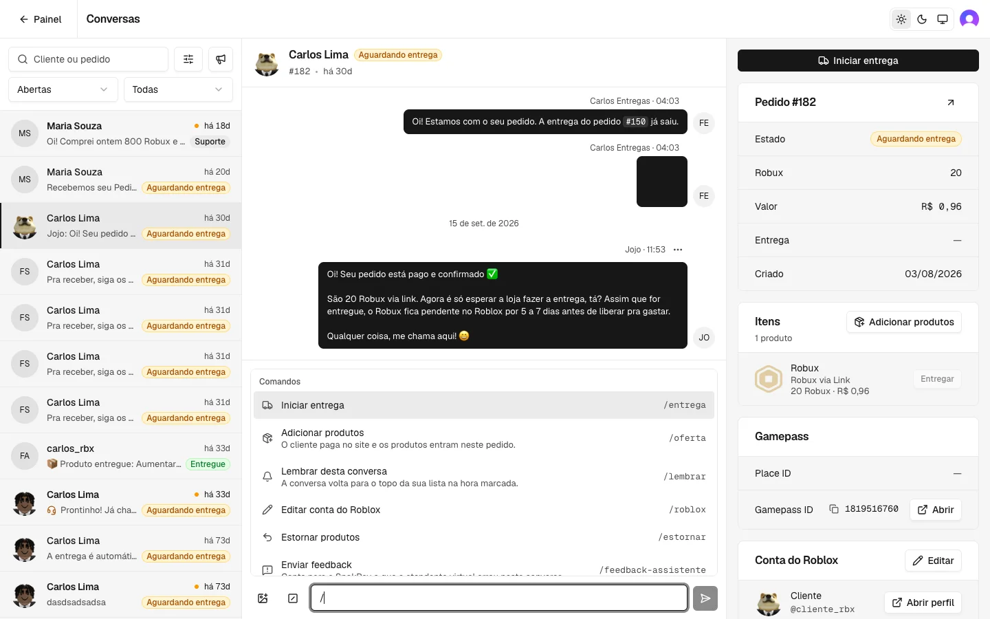 Comandos abertos no chat de um pedido