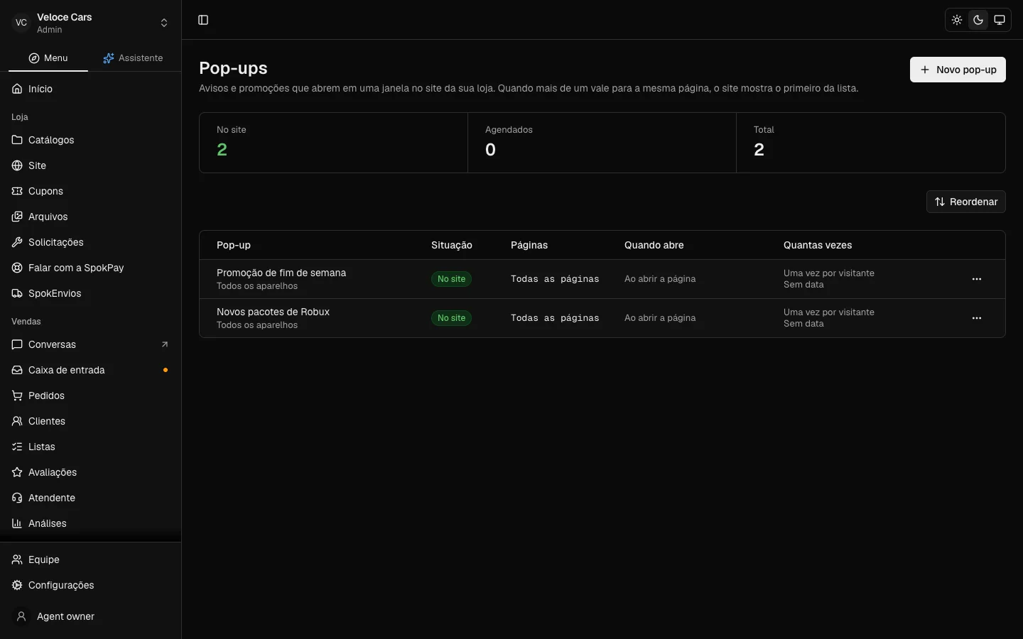 Pop-ups da loja no dashboard da SpokPay