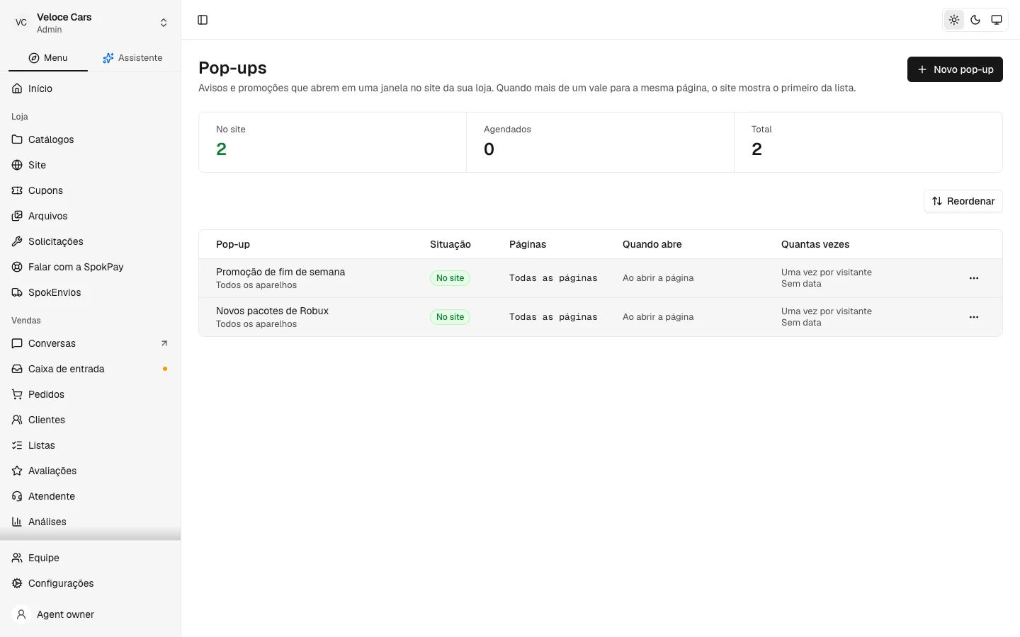 Pop-ups da loja no dashboard da SpokPay