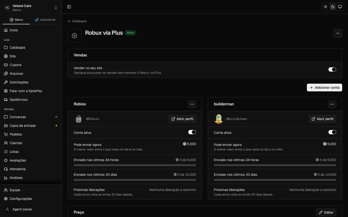 Contas Roblox Plus da loja com os limites de envio