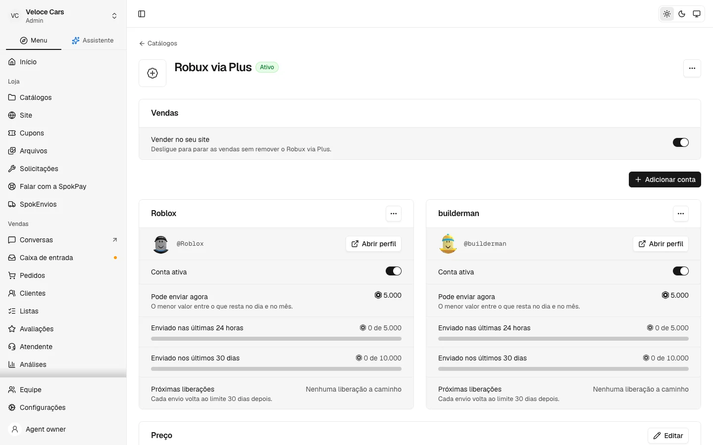 Contas Roblox Plus da loja com os limites de envio